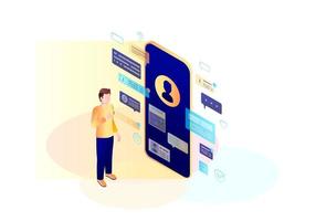 Online communication isometric color vector illustration. Virtual UI. Person using smartphone. Social media infographic. Messenger. Chatting. Futuristic technology. Webpage, mobile app 3d concept