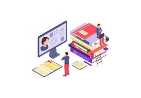 Online education isometric color vector illustration. E class, e learning, e course infographic. Exam, test preparation. Electronic library, video tutorial 3d concept. Isolated design element