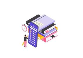 Online examination isometric color vector illustration. Student completing exam infographic. Knowledge check smartphone app. E learning, online courses test. Distance education isolated 3d concept