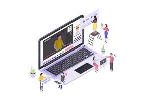 Vlogging isometric vector illustration. Video streaming and hosting. Social media and blogging 3d concept. Views, subscribers, likes gathering. Video tutorials. Content sharing. Isolated clipart