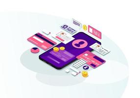 Mobile banking isometric color vector illustration. E-payment. Online bank transactions. Payment system user account. Electronic bills infographic. Financial management. Webpage, mobile app 3d concept