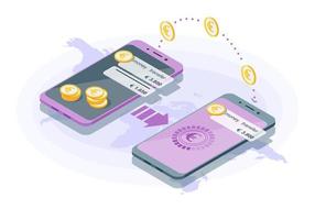 Ilustración de vector isométrica de transferencia de dinero internacional. transacción financiera. infografía de banca móvil. enviar dinero. monedero digital euro. concepto 3d de pago electrónico. sitio web, diseño de aplicaciones