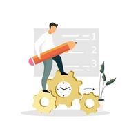 hombre, empresario, gerente, empresario de pie en la ilustración de vector plano de engranaje de reloj. gestión del tiempo, concepto de lista de tareas. personaje de dibujos animados aislado sobre fondo blanco. planificación del día, trabajo de oficina