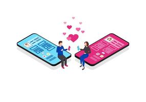Online chatting isometric color vector illustration. Romantic connection. Persons social network profile. Messaging. Online relationship matchmaking 3d concept. Socializing webpage, mobile app design