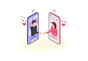 Online chatting isometric vector illustration. Virtual handshake via smartphone. Person social network profile. Messaging, online dating. Socializing 3d concept. Smartphone webpage, mobile app design