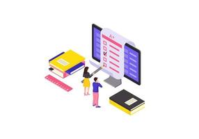 Online test isometric color vector illustration. Examination, homework, questionnaire form infographic. Students completing exam. E learning, classes, courses 3d concept. Online graduate school