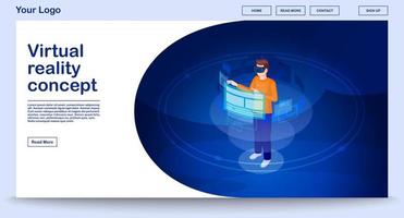 Virtual reality webpage vector template with isometric illustration. Website interface design. Futuristic digital technology. Augmented reality 3d concept. Person in VR headset. Web banner idea