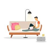 Man, entrepreneur, manager, businessman, male reading book flat vector illustration. Isolated cartoon character on white background. Pastime, leisure. Person sitting on sofa, relaxing with night lamp
