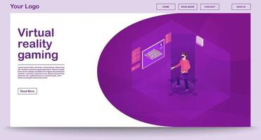 VR gaming webpage vector template with isometric illustration. Website interface design. Futuristic digital technology. Person playing 3d concept. Virtual reality player, gamer. Web banner idea