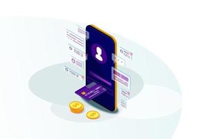 Mobile banking isometric color vector illustration. E-payment. Online bank transactions. Payment system user account. Send money. Electronic bills. Financial management. Webpage, mobile app 3d concept