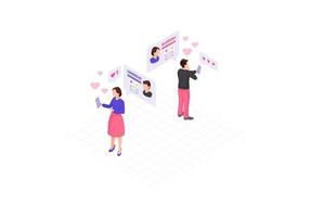 Online messaging isometric color vector illustration. Person social network profile. Chatting, liking website 3d concept. Socializing infographic. Webpage, mobile app design