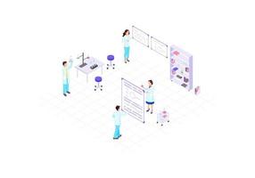 Scientists, chemists, academics, research workers isometric color vector illustration. People making experiments infographic. Scientific lab 3d concept. biochemistry, biotechnology design element