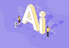 AI isometric color vector illustration. Artificial intelligence infographic. Client use chat bot. Website assistance. Teacherbot. Future marketing. Technical support. Webpage, mobile app 3d concept