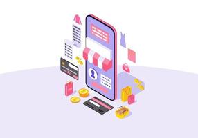 Online mobile shopping app isometric color vector illustration. Sales, discounts, special offers infographic. E-payment. Shopping smartphone application 3d concept. Webpage, mobile app design