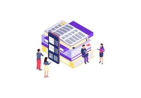 Online education isometric color vector illustration. Mobile learning infographic. e course, e class. e learning 3d concept. Online library. Distance, internet studying. Isolated design element