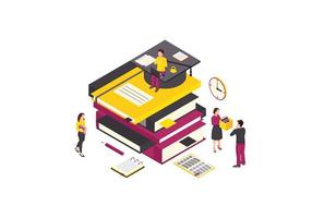 Online education isometric color vector illustration. E class, e learning, e courses infographic. Exam, test preparation. Electronic library 3d concept. Class materials. Isolated design element