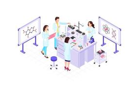Scientists, chemists, geneticist, research worker isometric color vector illustration. DNA helix, chemical bond, atom infographic. Genetics, biotechnology research, laboratory experiment 3d concept