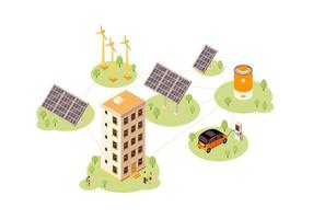 Renewable energy color vector illustration. Solar, wind power production infographic. Electric car charging station. Eco energy 3d concept. Windmill, solar grid, battery. Webpage, mobile app design