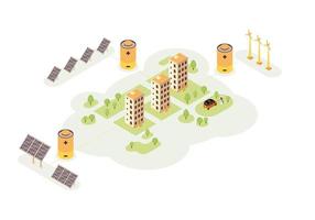 Renewable energy station color vector illustration. Alternative power production infographic. Electric car charger. Eco buildings 3d concept. Windmill, solar grid, battery. Webpage, mobile app design