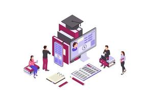 Online education isometric color vector illustration. Internet, distance learning infographic. Video tutorial, e course, e class. Mobile education. e learning 3d concept. Isolated design element