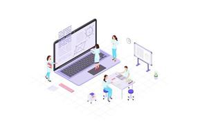Scientists, mathematicians, academics, research workers isometric color vector illustration. People by laptop solving mathematical problem infographic. Geometry, mathematics element 3d concept