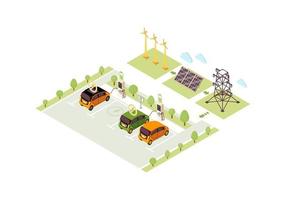Electric vehicle charge station isometric color vector illustration. Eco car charging infographic. Automobile battery filling 3d concept. Solar, wind energy production. Webpage, mobile app design
