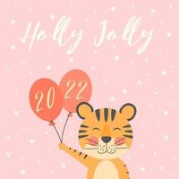 Merry Christmas and Happy New Year greeting cards set Banners with cute tiger symbol 2022 year mascot Holiday winter concept with vector flat character