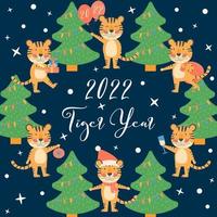 Merry Christmas and Happy New Year banner Greating card or poster with cute tigers symbol 2022 year mascot Holiday winter concept with vector character and new year tree