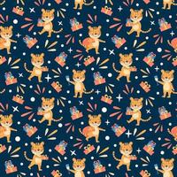 Merry Christmas and Happy New Year seamless pattern with cute tigers symbol 2022 year and present box Holiday winter vector illustration for wrapping paper or festive textile