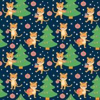 Merry Christmas and Happy New Year seamless pattern with cute tigers vector