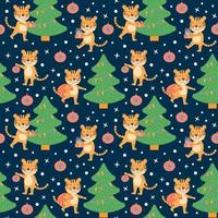 Merry Christmas and Happy New Year seamless pattern with cute tigers vector