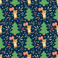 Merry Christmas and Happy New Year seamless pattern with cute tigers symbol 2022 year and christmas tree Holiday winter vector illustration for wrapping paper or festive textile