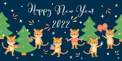 Merry Christmas and Happy New Year banner Greating card or poster with cute tigers symbol 2022 year mascot Holiday winter concept with vector character and new year tree