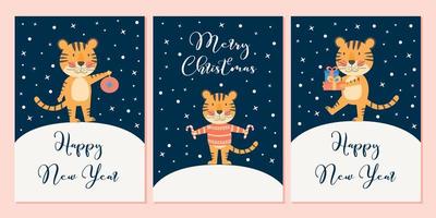 Merry Christmas and Happy New Year greeting cards set Banners with cute tiger symbol 2022 year mascot Holiday winter concept with vector flat character