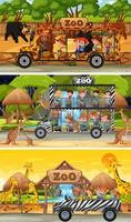 Set of different safari horizontal scenes with animals and kids cartoon character vector