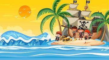 escena de la isla del tesoro al atardecer con niños piratas vector