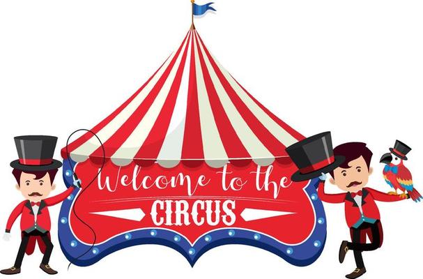 Welcome to the circus banner with magician cartoon character