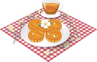 Pile of mooncakes with teacup set on tablecloth vector