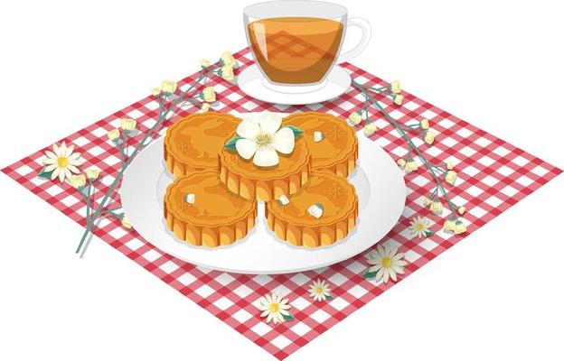 Pile of mooncakes with teacup set on tablecloth