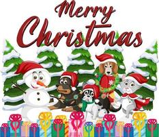 Merry Christmas text design with cute animals vector