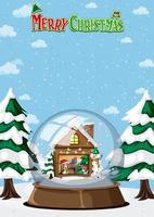 Merry Christmas poster with a house in snowdome vector