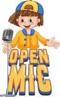 Open mic logo design with singer girl cartoon character vector