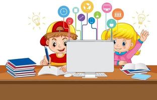 niños de la escuela estudian frente a la computadora vector