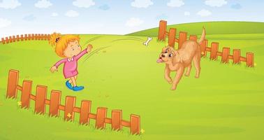 A girl playing with her dog on the meadow vector