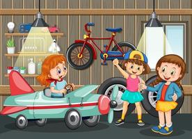 Escena de garaje con niños arreglando un coche juntos. vector