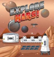 Space station on planet with Explore Mars logo vector