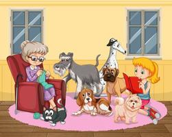 Grandma knitting with many dogs vector