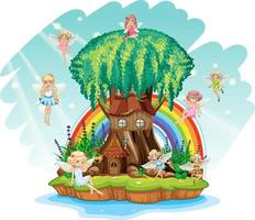 Fantasy tree house inside tree trunk with fairies and rainbow vector