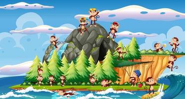 Island scene with many monkey cartoon characters vector