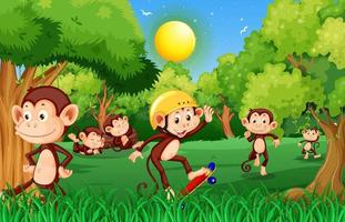 Escena del bosque con divertidos dibujos animados de monos vector